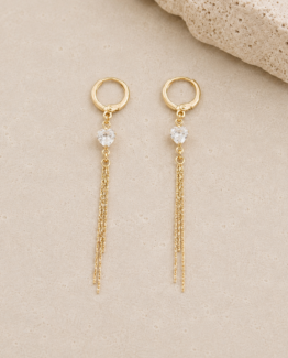 Aretes Colgantes Corazón con Borla — Doble Baño de Oro 18K y Zirconia