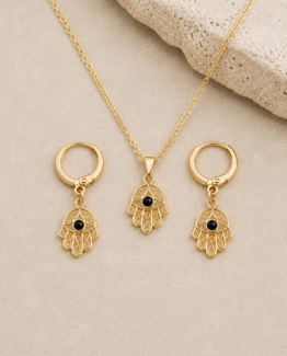 Juego de Collar y Aretes Mano de Fátima (Hamsa) — Doble Baño de Oro 18K