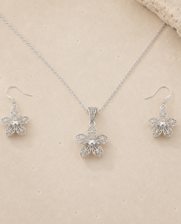 Juego de Collar y Aretes Flor — Plata 925 Filigrana