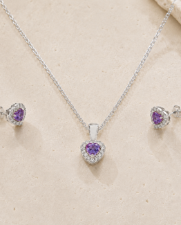 Juego de Collar y Aretes Corazón Lila — Plata 925 con Zirconia