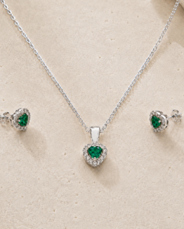 Juego de Collar y Aretes Corazón Verde Esmeralda — Plata 925 con Zirconia Verde y Halo